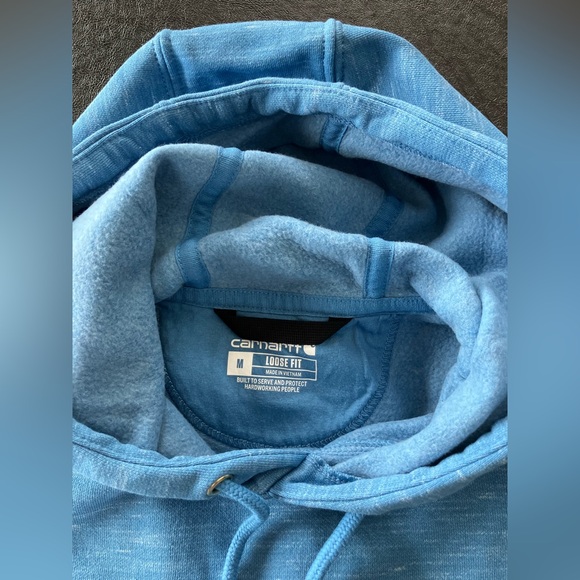 Men's light blue Carhartt Hoodie with white sleeve lettering. Size M - Picture 2 of 6